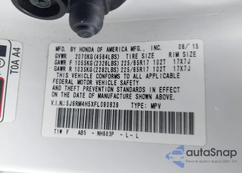 2015 Honda Cr-V Ex from USA, damaged, VIN 5J6RM4H5XFL090939